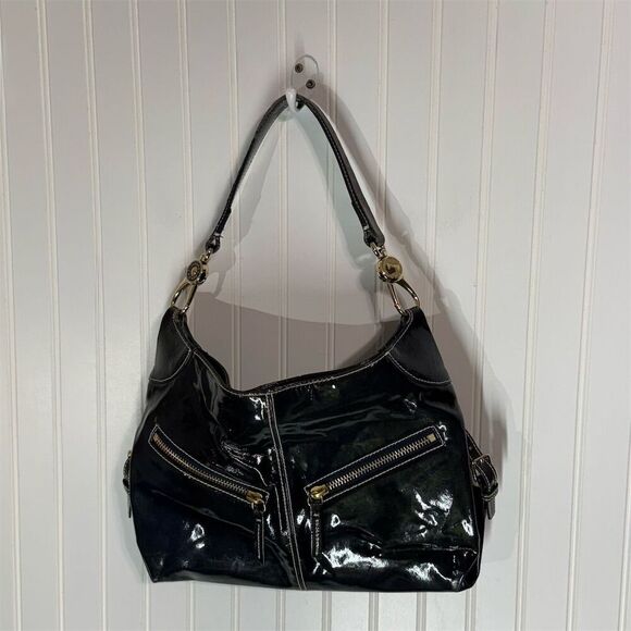 Dooney & Bourke Navy Patent Leather Hobo Bag Gold Hardware Y2K Shoulder Purse - Picture 1 of 12
